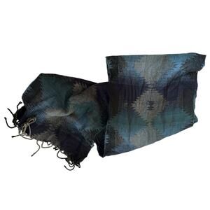 Calrose Woven Scarf Blue Teal Argyle Fringe 62” Made in Italy